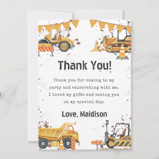 Bouwvrachtwagen Kinderen Verjaardag Dank u kaart (Voorkant)