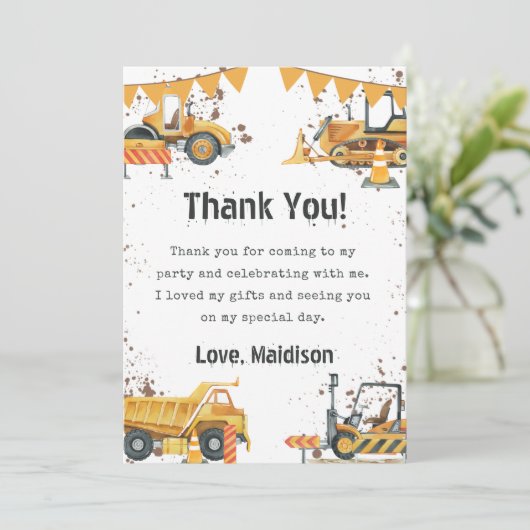 Bouwvrachtwagen Kinderen Verjaardag Dank u kaart (Staand voorkant)
