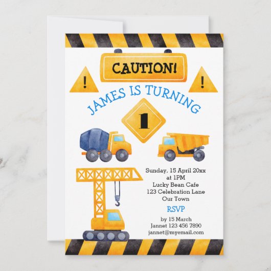 Bouwvrachtwagen, verjaardagsfeestje kaart (Voorkant)