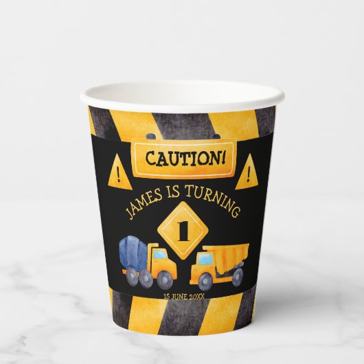 Bouwvrachtwagen, verjaardagsfeestje papieren bekers (Achterkant)