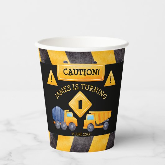 Bouwvrachtwagen, verjaardagsfeestje papieren bekers (Voorkant)
