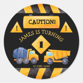 Bouwvrachtwagen, verjaardagsfeestje ronde sticker