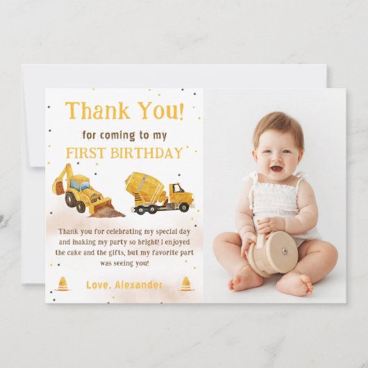 Bouwvrachtwagen Verjaardagsfoto Dank u kaart (Voorkant)