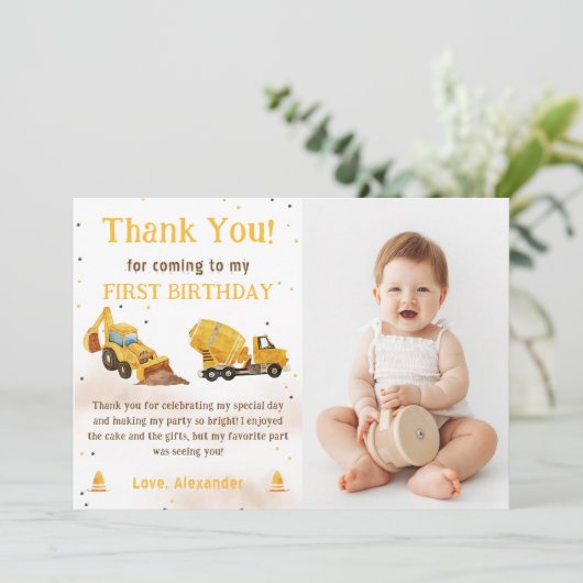 Bouwvrachtwagen Verjaardagsfoto Dank u kaart (Staand voorkant)