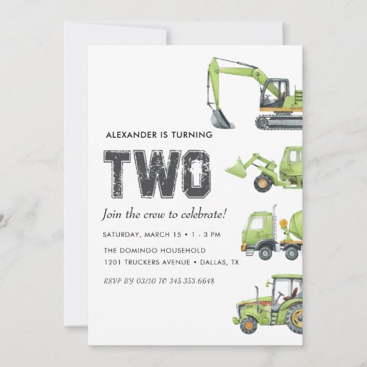Bouwvrachtwagen Voertuigen Jongens 2e Verjaardag Kaart (Voorkant)