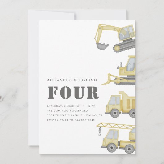 Bouwvrachtwagen Voertuigen Jongens 4e Verjaardag Kaart (Voorkant)