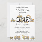 Bouwvrachtwagens 1e verjaardagsfeestje kaart (Voorkant)