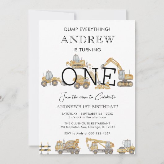 Bouwvrachtwagens 1e verjaardagsfeestje kaart (Voorkant)