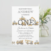 Bouwvrachtwagens 1e verjaardagsfeestje kaart (Staand voorkant)