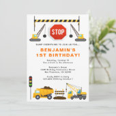 Bouwvrachtwagens 1e verjaardagsfeestje kaart (Staand voorkant)