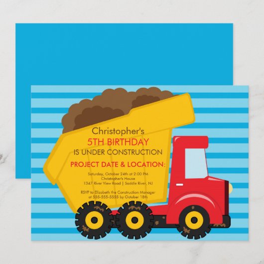 Bouwvrachtwagens Birthday Party for boys Kaart (Voorkant / Achterkant)