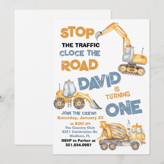 Bouwvrachtwagens Eerste Verjaardagsfeest Kaart (Voorkant / Achterkant)