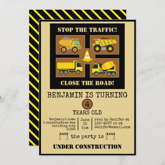 Bouwvrachtwagens | Kind Verjaardagsfeestdecor Kaart (Voorkant / Achterkant)