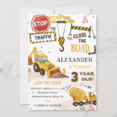 Bouwvrachtwagens thema 3e verjaardagsfeestje kaart (Voorkant)