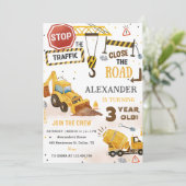 Bouwvrachtwagens thema 3e verjaardagsfeestje kaart (Staand voorkant)