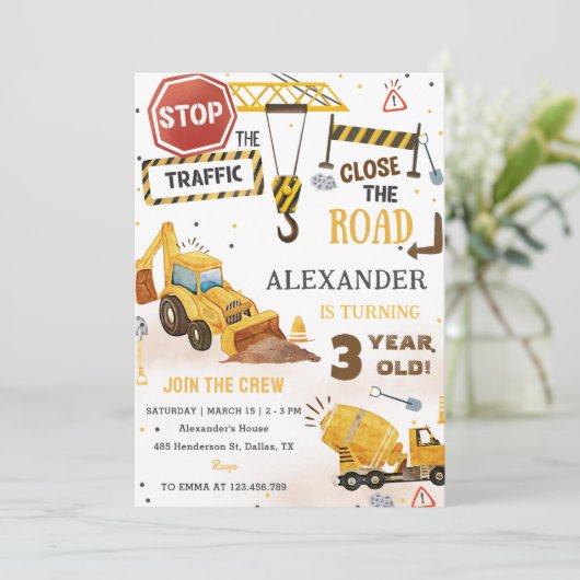 Bouwvrachtwagens thema 3e verjaardagsfeestje kaart (Staand voorkant)