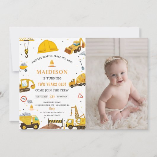 Bouwvrachtwagens Thema Verjaardagsfeestfoto Kaart (Voorkant)