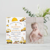 Bouwvrachtwagens Thema Verjaardagsfeestfoto Kaart (Staand voorkant)
