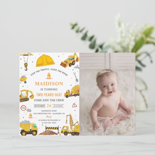 Bouwvrachtwagens Thema Verjaardagsfeestfoto Kaart (Staand voorkant)