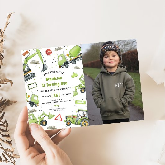 Bouwvrachtwagens Thema Verjaardagsfeestfoto Kaart