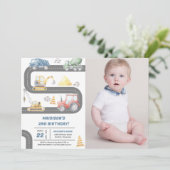 Bouwvrachtwagens Thema Verjaardagsfeestfoto Kaart (Staand voorkant)