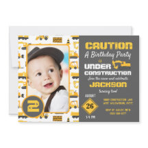 Bouwvrachtwagens Verjaardag Foto uitnodiging