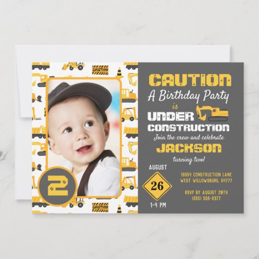 Bouwvrachtwagens Verjaardag Foto uitnodiging (Voorkant)