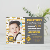 Bouwvrachtwagens Verjaardag Foto uitnodiging (Staand voorkant)