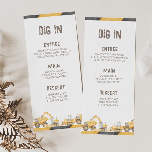 Bouwvrachtwagens Verjaardagsfeest Menu