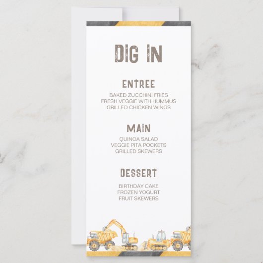 Bouwvrachtwagens Verjaardagsfeest Menu (Voorkant)