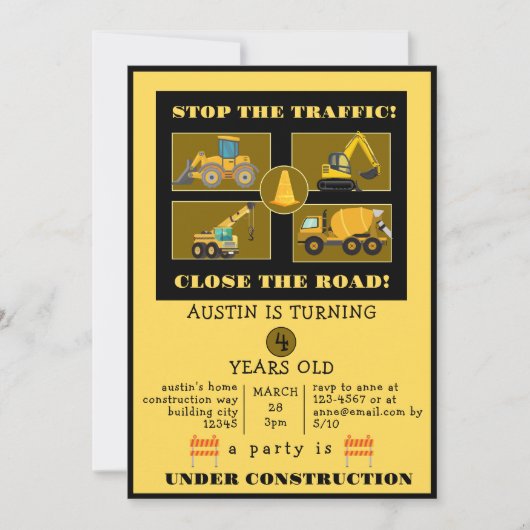 Bouwvrachtwagens | Verjaardagsfeestje voor kindere Save The Date (Voorkant)