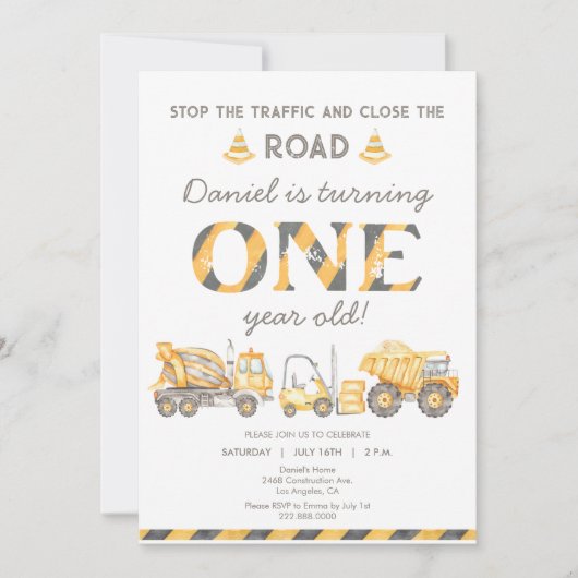 Bouwvuilniswagen 1e jongens eerste verjaardag kaart (Voorkant)