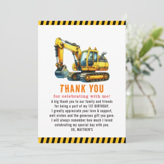 Bouwvuilniswagen 1e verjaardagsfeest bedankkaart (Staand voorkant)