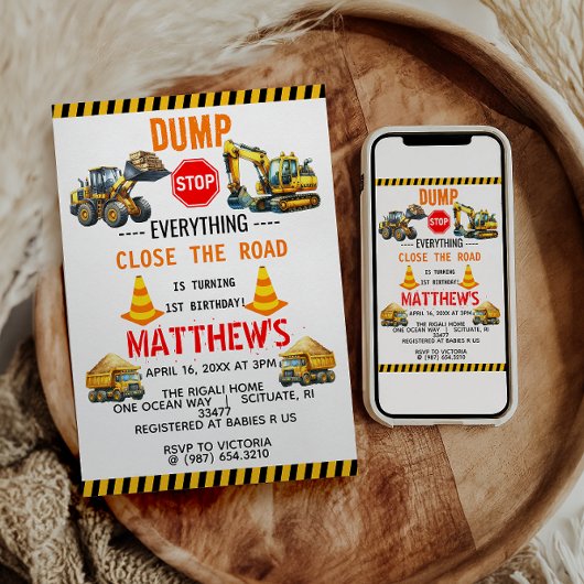 Bouwvuilniswagen 1e verjaardagsfeest kaart