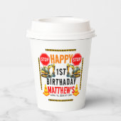 Bouwvuilniswagen 1e verjaardagsfeest papieren bekers (Achterkant)