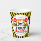 Bouwvuilniswagen 1e verjaardagsfeest papieren bekers (Achterkant)