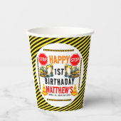 Bouwvuilniswagen 1e verjaardagsfeest papieren bekers (Voorkant)