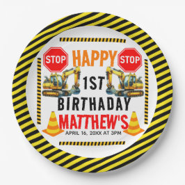Bouwvuilniswagen 1e verjaardagsfeest papieren bordje