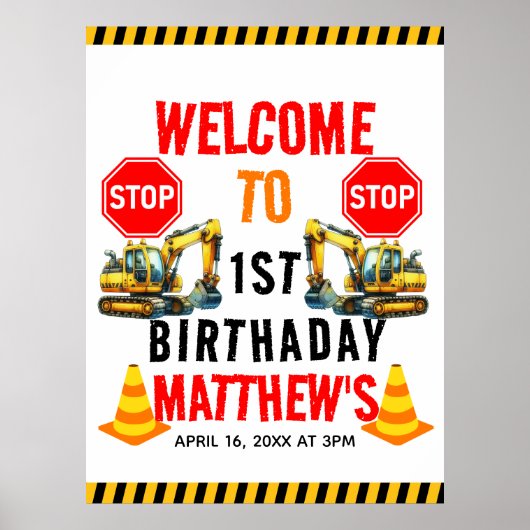 Bouwvuilniswagen 1e verjaardagsfeest poster (Voorkant)