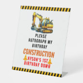 Bouwvuilniswagen 1e verjaardagsfeest reclamebord met voetstuk (Voorkant)