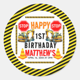 Bouwvuilniswagen 1e verjaardagsfeest ronde sticker