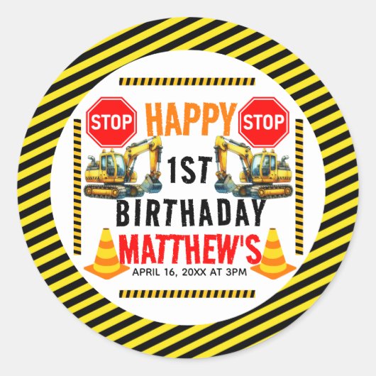 Bouwvuilniswagen 1e verjaardagsfeest ronde sticker (Voorkant)