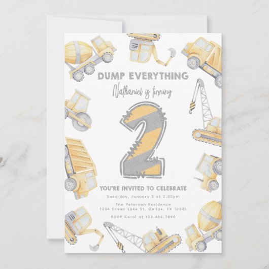 Bouwvuilniswagen 2e verjaardagsfeest kaart (Voorkant)