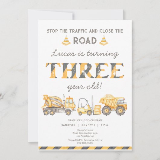 Bouwvuilniswagen 3e Jongens Eerste Verjaardag Kaart (Voorkant)