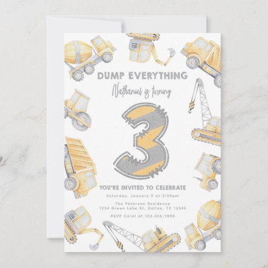 Bouwvuilniswagen 3e verjaardagsfeest kaart (Voorkant)