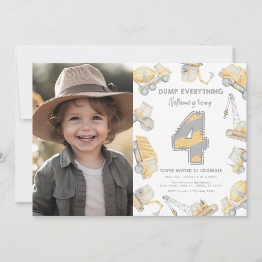 Bouwvuilniswagen 4e verjaardagsfeest kaart (Voorkant)