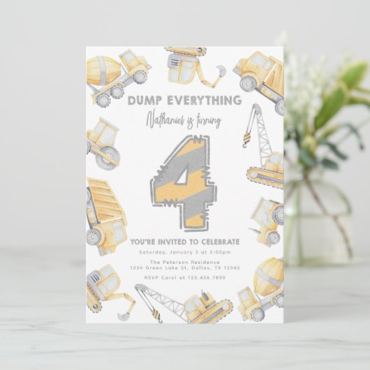 Bouwvuilniswagen 4e verjaardagsfeest kaart (Staand voorkant)