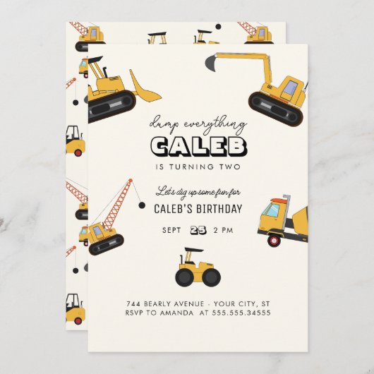 Bouwvuilniswagen Kids Verjaardagsfeest Uitnodiging (Voorkant / Achterkant)