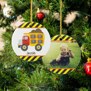 Bouwvuilwagen Jongen Foto Aandenken Keramiek Keramisch Ornament