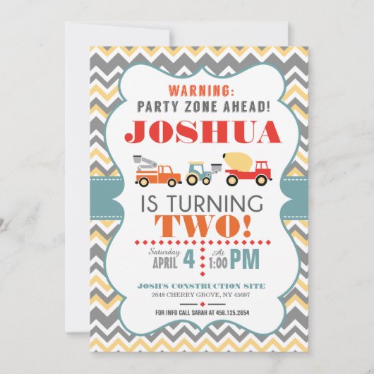 Bouwwagen Chevron Verjaardag Uitnodiging (Voorkant)